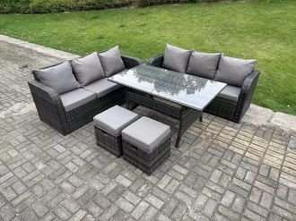 Fimous Rattan Garden Furniture Set Lounge Sofa 3 Seater Sofa Set Outdoor Rectangular Dining Table With 2 Stools 8 Seater in Dark Grey