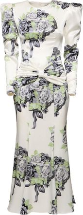 Alessandra Rich Silk Satin Rose Print Midi Dress Size M