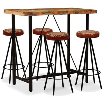 vidaXL Mesa Y 4 Taburetes Bar Madera Maciza Reciclada Cuero Real Lona Vidaxl