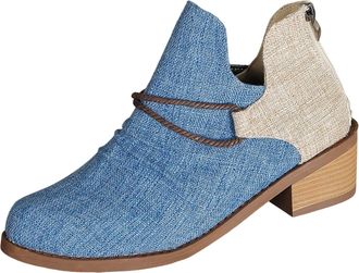 Generic Ankle Boots for Women UK Patchwork Thick Heel Booties Low-Cut Pointed Toe Anti-Slip Ankle Boot Comfort Colour Block Retro Footwear Warmth Winter Dress