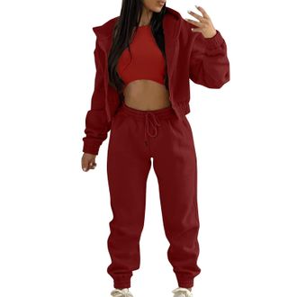 Generic Womens Casual Stylish Tracksuit Set Long Sleeve Solid Tops and High Elastic Waist Straight Trousers Hoodie Jogger 3 Piece Loungewear Outfit Track Suit