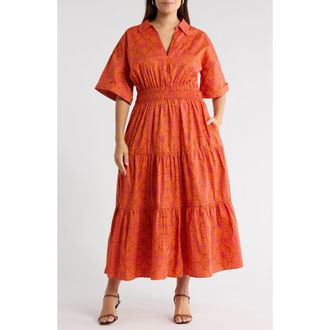 Sugarlips Debary Floral Print Tiered Maxi Dress in Flame-Orange at Nordstrom, Size 3X