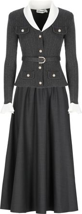 Self Portrait Knit Twill Midi Dress With White Collar And Versatile Silhouette