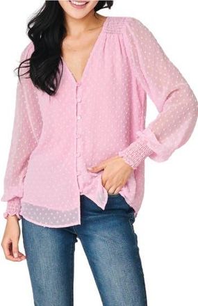 Gibsonlook Pin Dot Smocked Detail V-Neck Blouse in Pink Powder at Nordstrom Rack, Size X-Small