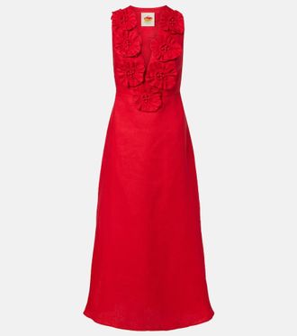 Farm Rio Floral-appliqu&eacute; halterneck linen midi dress