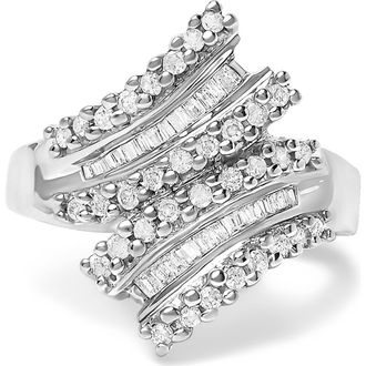 House of Brilliance 14K White Gold 1/2 Cttw Round and Baguette Diamond Swirl Cocktail Ring at Nordstrom
