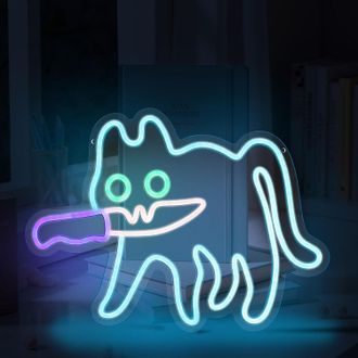No Brand Insegna Al Neon Con Gatto E Coltello, Lampada Al Neon A Led Blu Con Ganci E Catena, Ideale Per Camera Da Letto, Zoo, Cat Caf&eacute;, Casa, Negozio, Tana Del