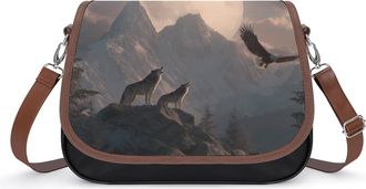 Generic Bald Ea-gles Wolf Howling Crossbody Bags for Women Leather Tote Bag Travel Purse Shoulder Bag for Work Shopping