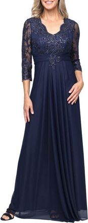 Alex Evenings Sequin Chiffon Gown in Navy at Nordstrom, Size 14