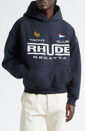 Rhude Regatta Club French Terry Graphic Hoodie in Vintage Black/White at Nordstrom, Size Xx-Large