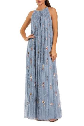 Mac Duggal Mesh Trapeze High Neck Dress With Embroidery in Blue Multi at Nordstrom, Size 18