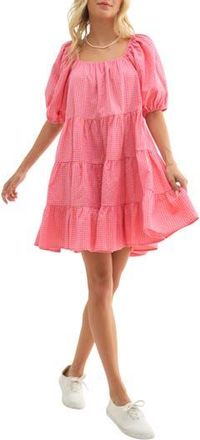 Wishlist Plaid Puff Sleeve Cotton Blend Tiered Minidress in Punch/Yellow at Nordstrom Rack, Size Small