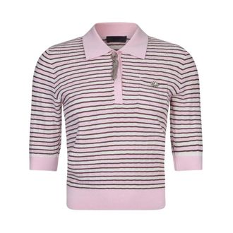 Liu Jo V-neck Knitwear, female, Pink, Size: XS Striped Polo Sweater with Jewel Details