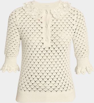 Chloé Lace-Collar Open Knit Polo Top
