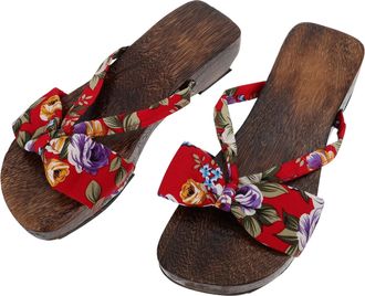 Supvox Womens Flat Wooden Clogs Slippers Double Red Straps, Non-Skid Tongmu Sandals Size 38, Stylish Summer Footwear for Casual and Indoor Use