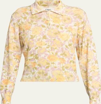 Chlo&eacute; Floral-Print Wool Knit Polo Sweater