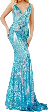 Jovani V Neck Embellished Long Dress In Irredescent/jade
