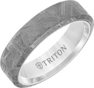 Triton 6MM Meteorite Ring with Black Tungsten Sleeve and Low Dome with Flat Edge in Metallic Silver at Nordstrom, Size 10.5