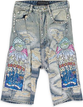 Who Decides War by Ev Bravado BLUE CHROME STUD EMBROIDERED SHORTS
