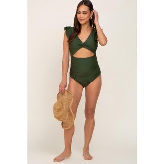 Pinkblush Cutout Flutter One Piece Swimsuit in Olive Green at Nordstrom, Size X-Large