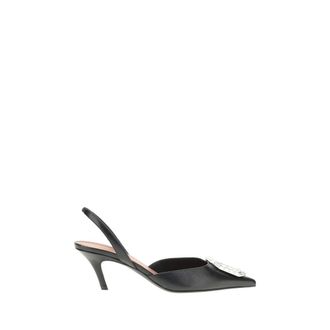 Amina Muaddi Schoenen, Dames, Zwart, 37 EU, Leer, Versierde leren slingback pumps