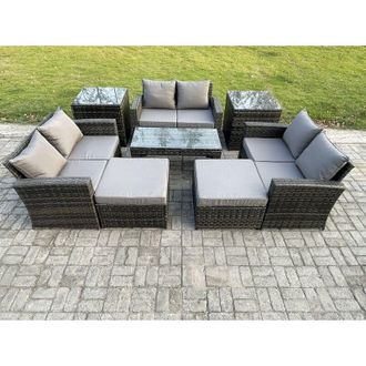 Fimous Outdoor u Shape Sofa Set Wicker pe Rattan Garden Furniture Set with Coffee Table Double Seat Sofa 2 Big Footstool 2 Side Tables Dark Grey Mixed