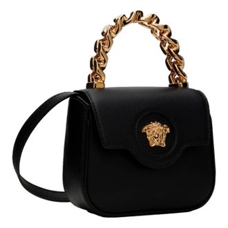 Versace Womens Top Handle Mini Vitello Leather Handbag In Black