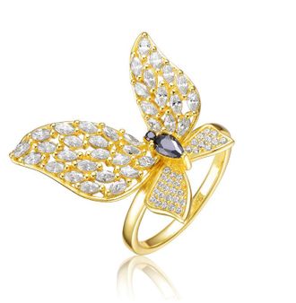 Rachel Glauber 14K Gold Plated with Black Cubic Zirconia Butterfly Ring