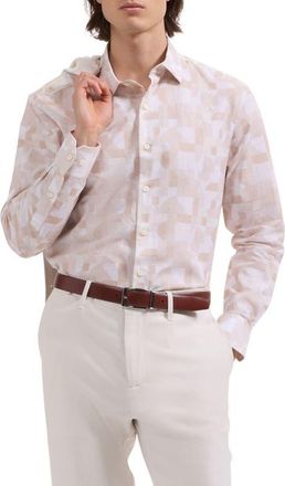 Bugatchi Julian Shaped Fit Abstract Geometric Print Cotton & Linen Button-Up Shirt in Desert at Nordstrom, Size Xxx-Large