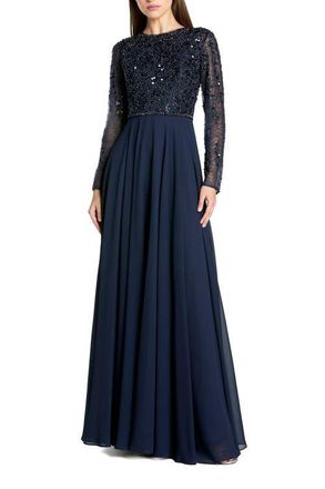 Mac Duggal Embellished Lace Long Sleeve Gown With Chiffon Skirt in Midnight at Nordstrom, Size 12