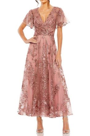 Mac Duggal Flutter Sleeve Faux Wrap V Neck Embellished Tea Length Dress in Mauve at Nordstrom, Size 14