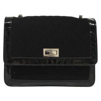 Chanel Vintage Mademoiselle Flap Quilted Canvas With Patent Black Canvas Handbag (Pre-Owned)