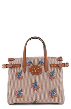 Valentino Garavani Small Antibes Flower Embroidered Canvas Tote in Tobacco at Nordstrom