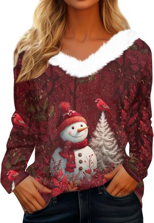 Generic Christmas Jumpers for Women, Womens Sexy Plush Fur Trim V-Neck Christmas Tops Casual Long Sleeve Holiday Party Blouses T-Shirts,Red,L