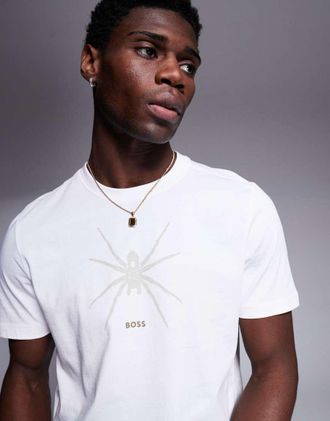 Boss Orange by Hugo Boss Te_Spiderbat - T-shirt bianca regular fit con stampa del logo con ragno-Bianco