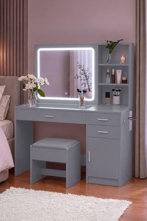 Home Discount Vida Designs Clova LED Dressing Table 3 Drawer 1 Door & 2 Shelves in Grey