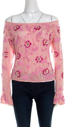 Escada Pink Tulle Overlay Floral Embellished Off Shoulder Blouse