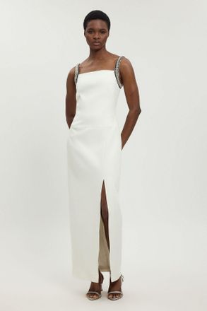 Karen Millen Womens Compact Stretch Diamante Trim Detail Column Dress - White - Size 10 UK