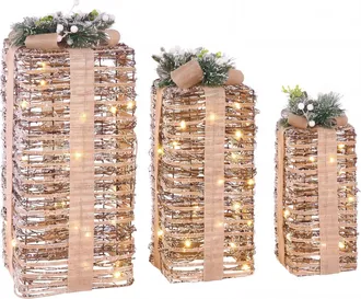 Beliani Set Di 3 Scatole Regalo Natalizie Decorative Marroni E Beige Con Fiocchi E Luci Led Bianco Caldo Per Interni Valkama