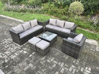 Fimous Rattan Garden Furniture Sofa Set with Armchair Square Coffee Table 2 Small Footstools Indoor Side Table Outdoor 9 Seater in Dark Grey