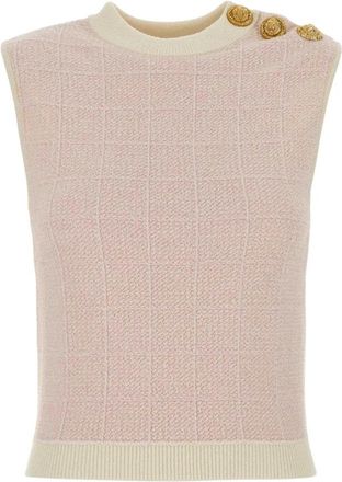 Balmain Tweed Tank Top - Dames - Ronde hals truien - Roze - 2XS - Tweed - Truien & Vesten