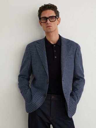 Reiss Navy Wool-blend Single-breasted Check Blazer With Linen, 42