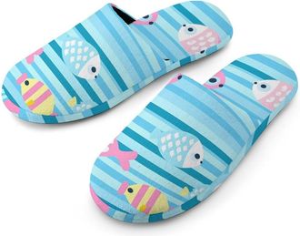 Generic Cartoon Fish Pattern Warm Mens Slippers Slip On Soft Fleece House Shoes Winter Indoor Outdoor
