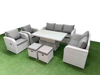 Fimous PE Rattan Garden Furniture Set Reclining Chair Sofa Double Love Seat 2 Seater Sofa Lounge Set Adjustable Lifting Dining or Coffee Table 2