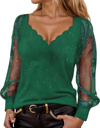 Generic Womens Sparkly Tops See Sheer Long Sleeve Sequin Tops, Sexy Plain Crew Neck T Shirts Loose Casual Blouse Dressy Shirt for Women