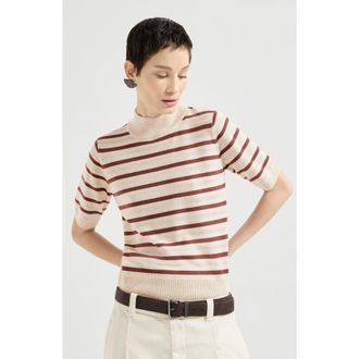 Brunello Cucinelli Virgin wool, cashmere and silk knit t-shirt with sparkling stripes in Multicoloured at Nordstrom, Size Medium Eu