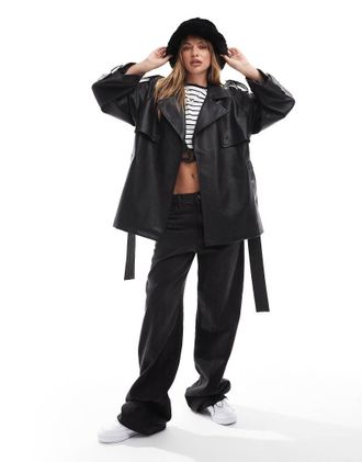 Miss Selfridge mid length faux leather oversized trench coat in black