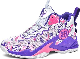 Generic Unisex Basketball Shoes with High Top Mesh Breathable Anti Slip Wear-Resistant Practical Sports Walking Shoes(White Rosered,8.5 UK)