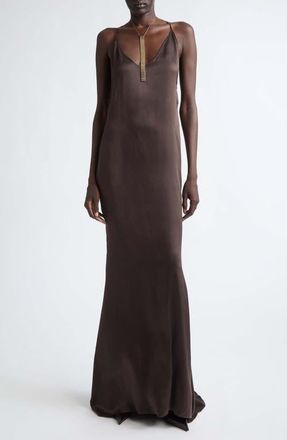 Tom Ford Silk Satin Halter Evening Slipdress in Espresso at Nordstrom, Size 38