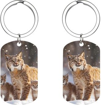 Generic Canada-Lynxs Family Print Picture Keychain Metal Key Chain Holder Key Tags Pendant Gifts for Men Women
